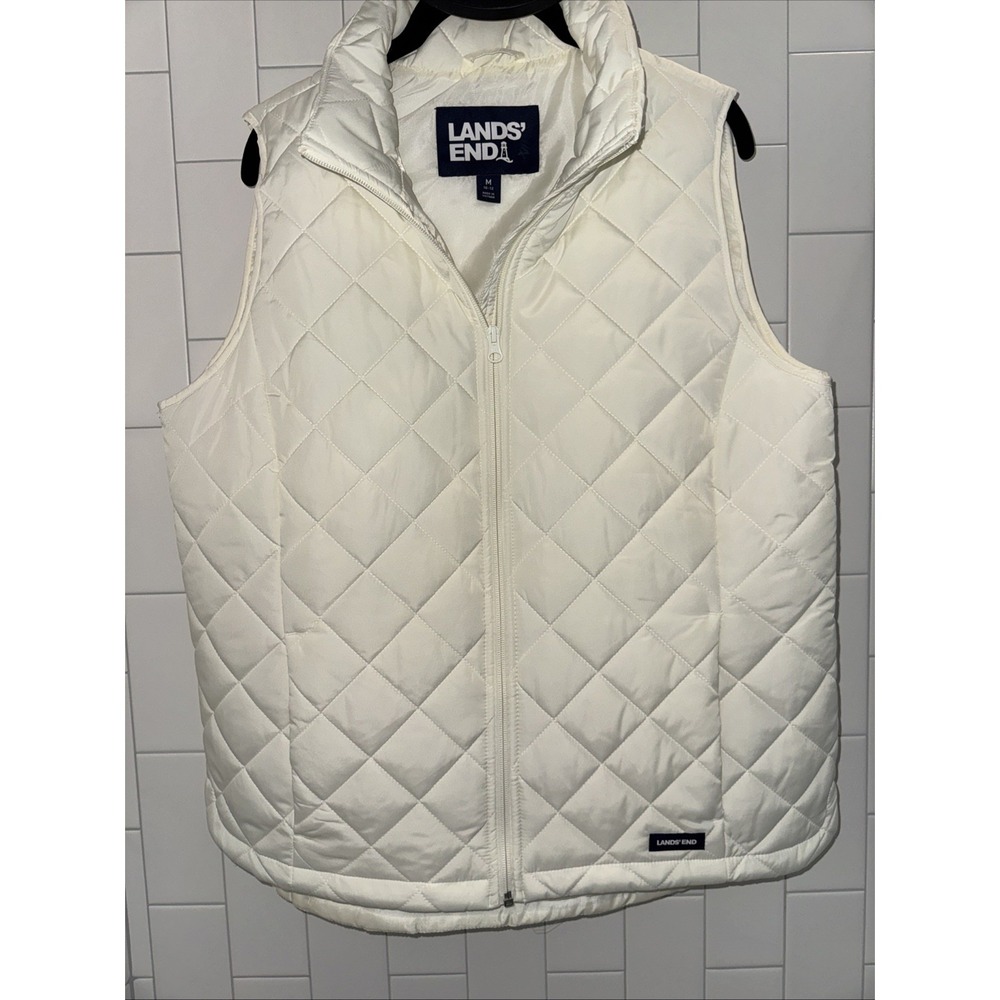 Lands'‎ End Quilted Vest Womens Med 10-12 Ivory Full Zip Polyester Insulated EUC